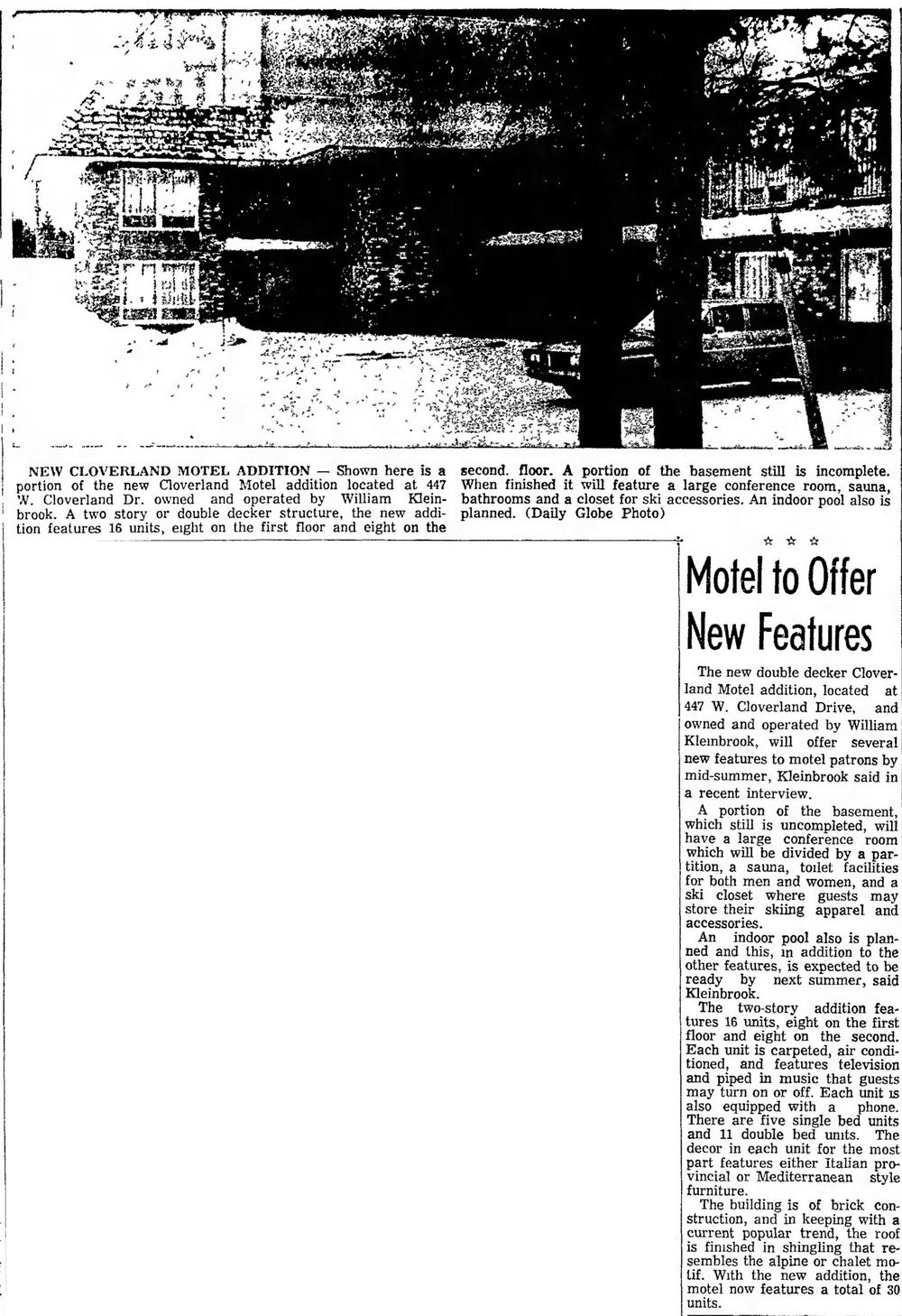Budget Host Inn (Cloverland Court Motel, Cloverland Motel) - Feb 10 1969 Article On Expansion (newer photo)